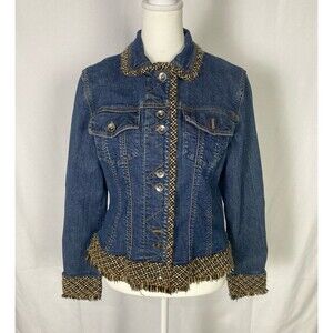 Coldwater Creek Denim Jacket Button Up Tweed Fringe Trim Sz 6 Boho Western